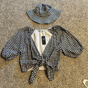 Abercrombie & Fitch Plaid Tie-Front Puff-Sleeve Crop Top